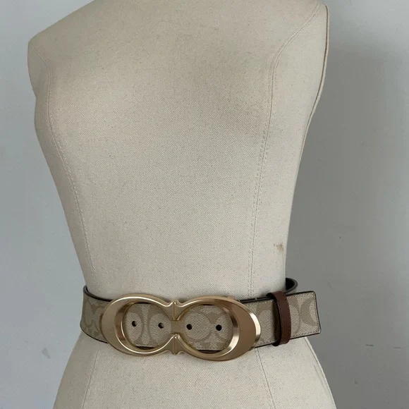 EUC COACH 38mm KISS C SIG PVC/Leather Womens Light Khaki/ Gold Belt Sz M - Picture 2 of 8